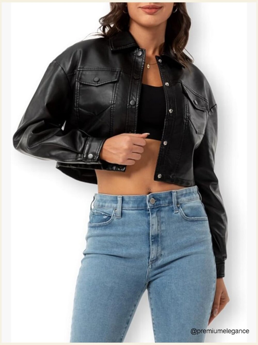 Faux Leather Cropped Moto Biker Jacket Point Collar Button Cuffs